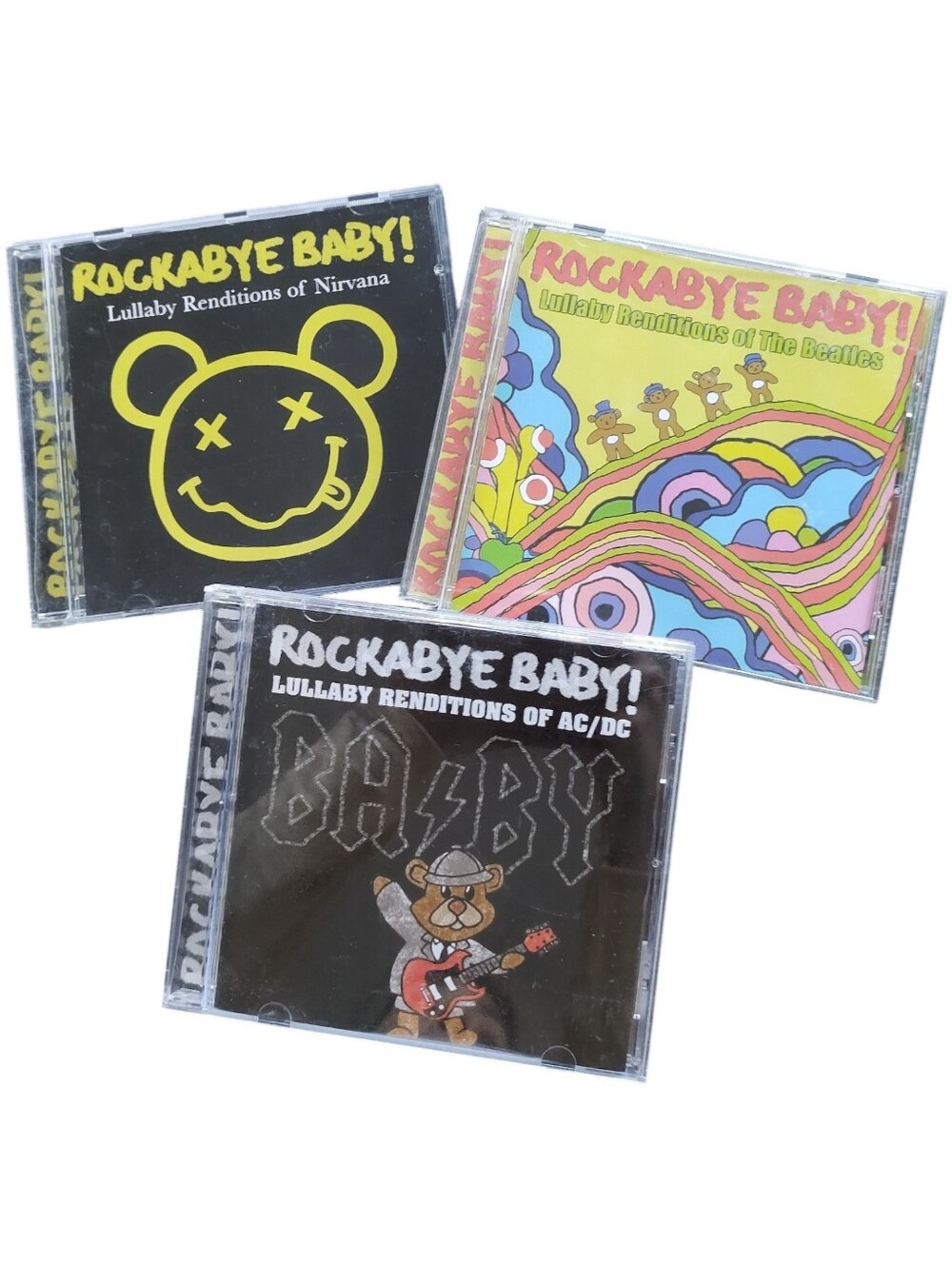 3 Pieces Set Rockabye Baby! Lullaby Renditions CD Trio , Nirvana, AC/DC ,Beatles